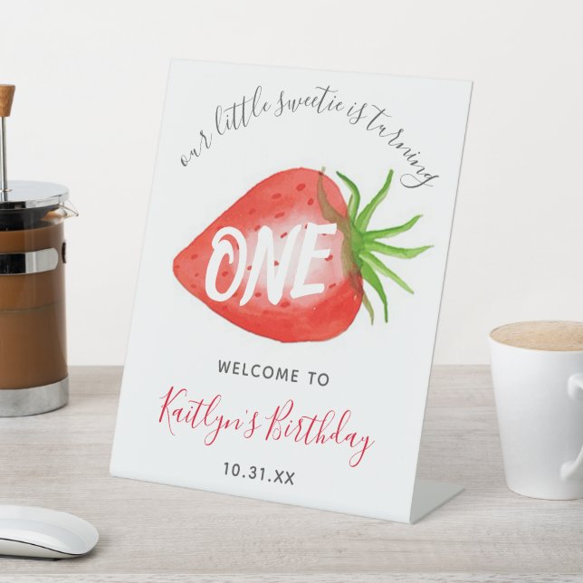 Little Sweetie Strawberry 1st Birthday Welcome Pedestal Sign (In SItu)