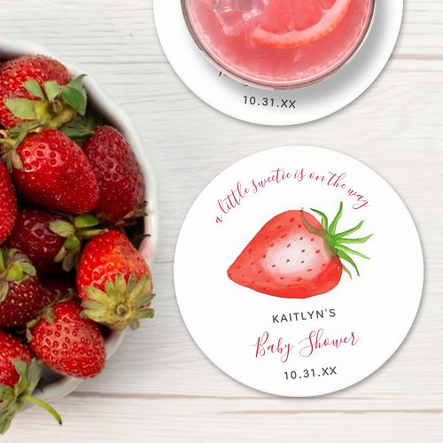 Little Sweetie Strawberry Baby Shower Round Paper Coaster