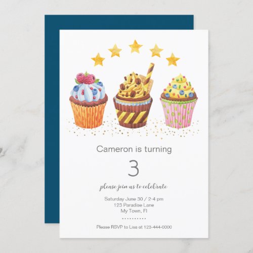 Little Sweetie Watercolor Cupcakes Birthday Party  Invitation