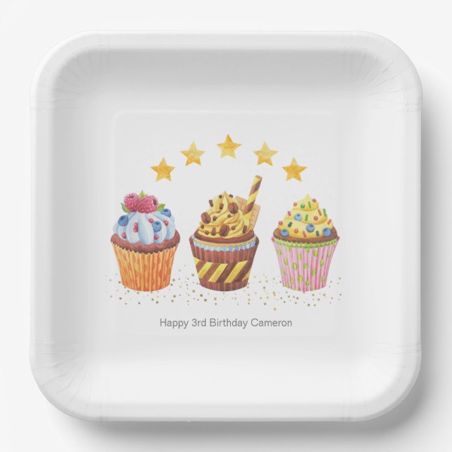 Little Sweetie Watercolor Cupcakes Birthday Party  Paper Plates (Front)