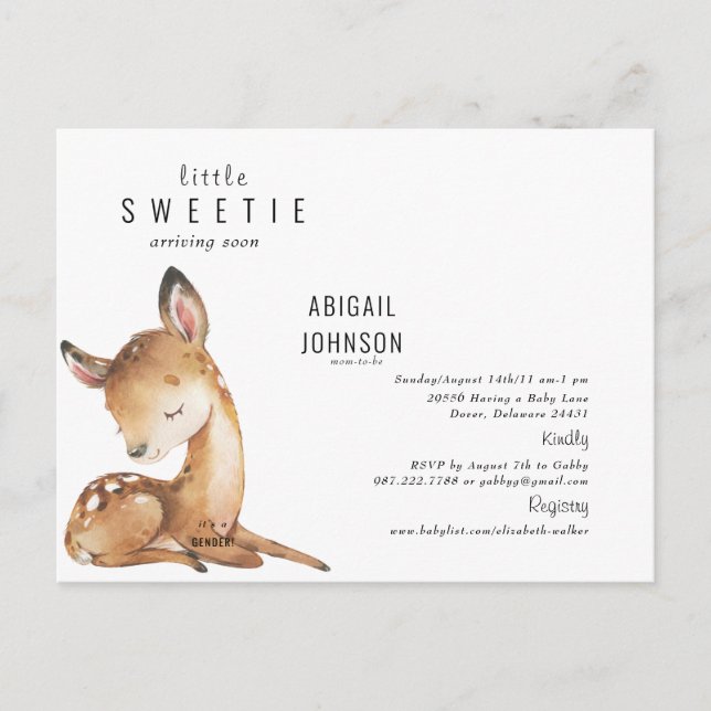 Little Sweetie Woodland Fawn White Baby  Announcement Postcard (Front)