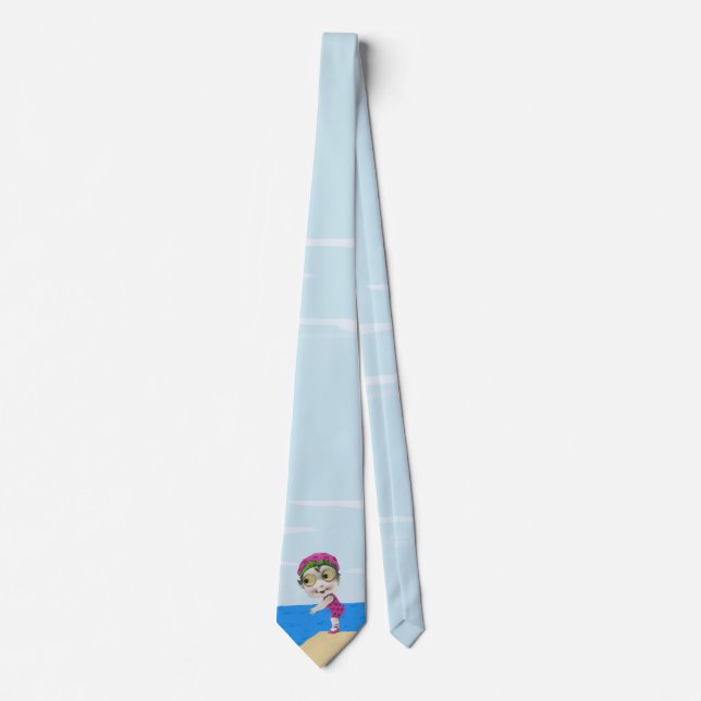 Little Swimmer Girl Pink Bathing Suit Big Eyes Tie (Front)