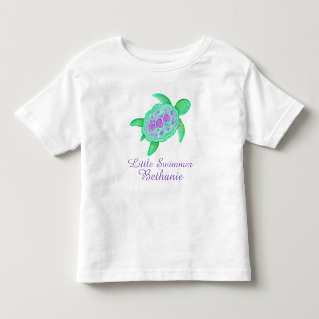 Little swimmer girls green purple turtle t-shirt (Front)
