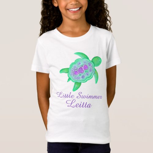 Little swimmer girls purple green turtle t_shirt