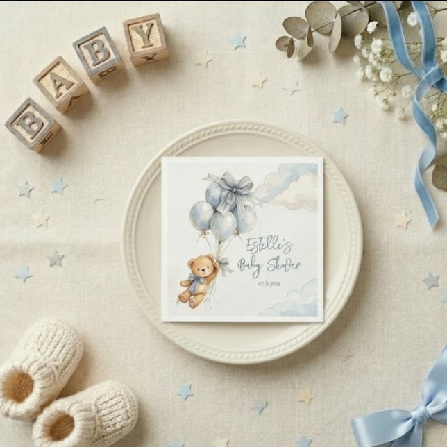 Little Teddy Bear Blue Balloons Clouds Baby Boy Napkins (Creator Uploaded)