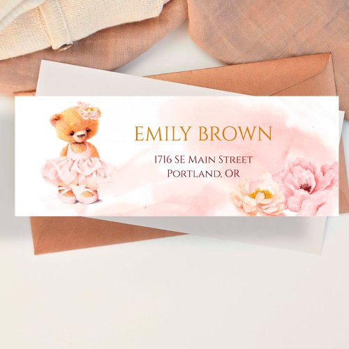 Little teddy bear flower princess pink watercolor label