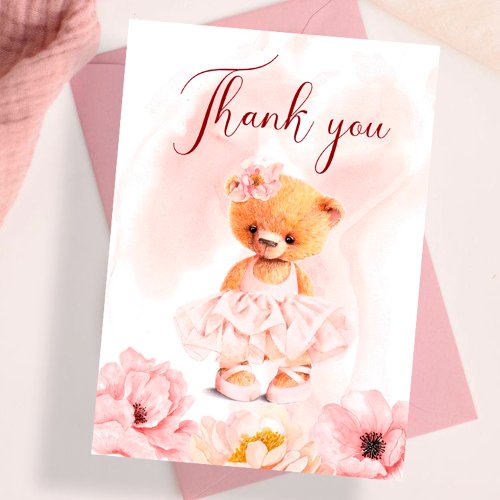 Little teddy bear flower princess pink watercolor thank you card