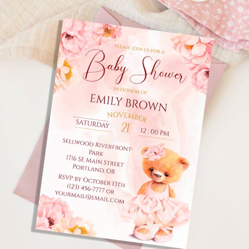 Little teddy bear _ flower princess watercolor invitation
