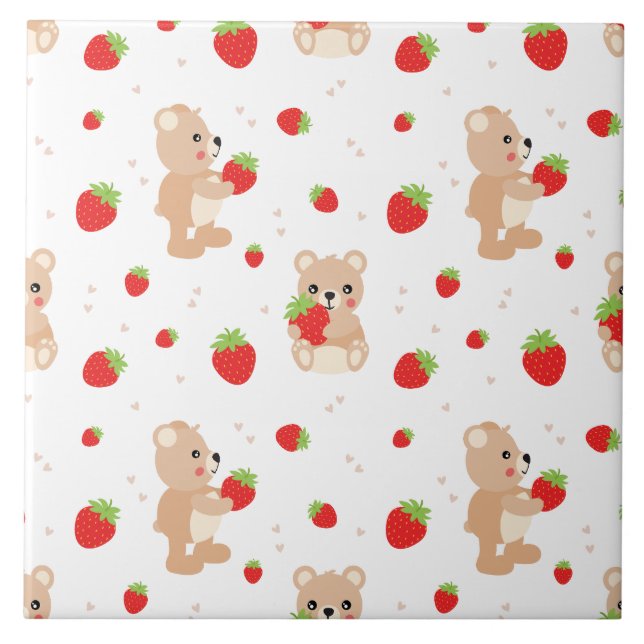 Little teddy bear with berry ceramic tile (Front)
