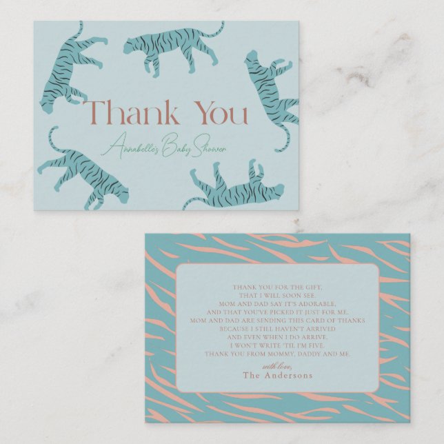 Little Tiger Blue Boy Baby Shower Thank You Note Card (Front/Back)