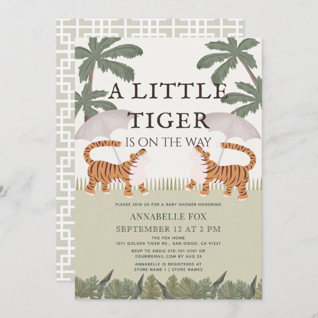 Little Tiger chinoiserie Chic Green Baby Shower Invitation (Front/Back)