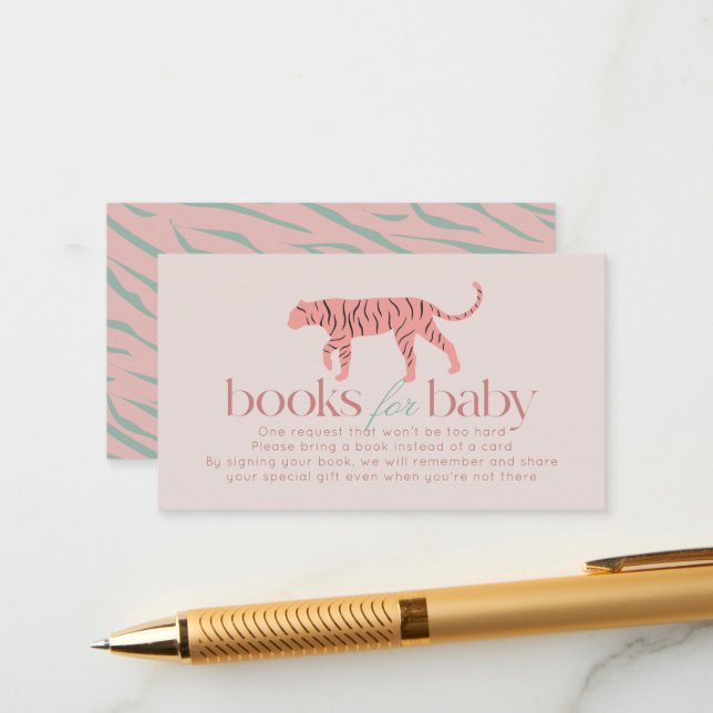 Little Tiger Modern Pink Baby Shower Book Request Enclosure Card (Front/Back In Situ)