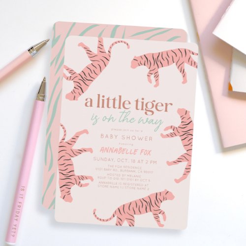 Little Tiger Modern Pink Girl Baby Shower Invitation