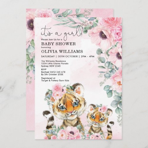 Little Tiger Pink Floral Greenery Girl Baby Shower Invitation
