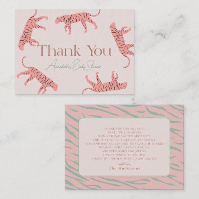Little Tiger Pink Girl Baby Shower Thank You Note Card (Front/Back)