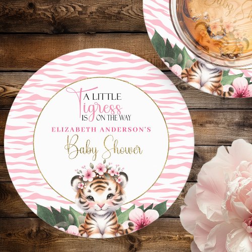  Little Tigress Is On The Way Safari Baby Shower Round Paper Coaster