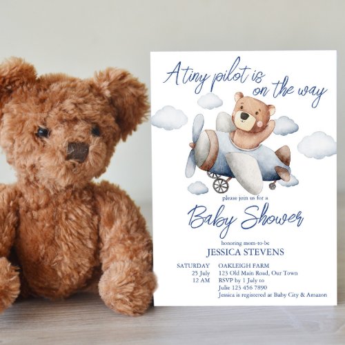 Little tiny pilot airplane baby shower invitation