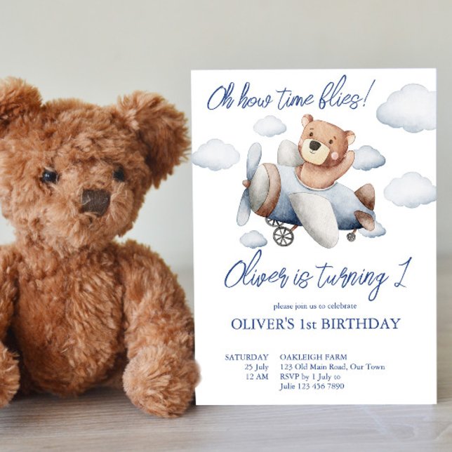 Little tiny teddy pilot airplane birthday party invitation (Creator Uploaded)