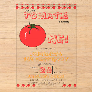 Little Tomatie Is Turning One Cute 1st Birthday Acrylic Invitations