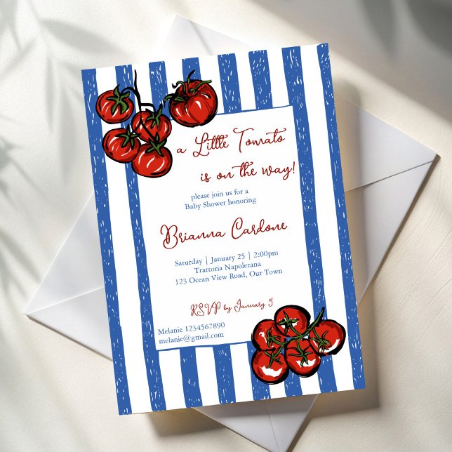 Little tomato blue stripes Italian baby shower Invitation (Little tomato blue stripes Italian  farmers market baby shower Invitation cards template)
