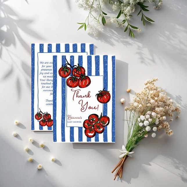 Little tomato blue stripes Italian baby shower Thank You Card (Little tomato blue stripes Italian  farmers market baby shower Thank You Cards)