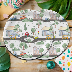 Little Town & Cars Colorful Pattern Paper Plates