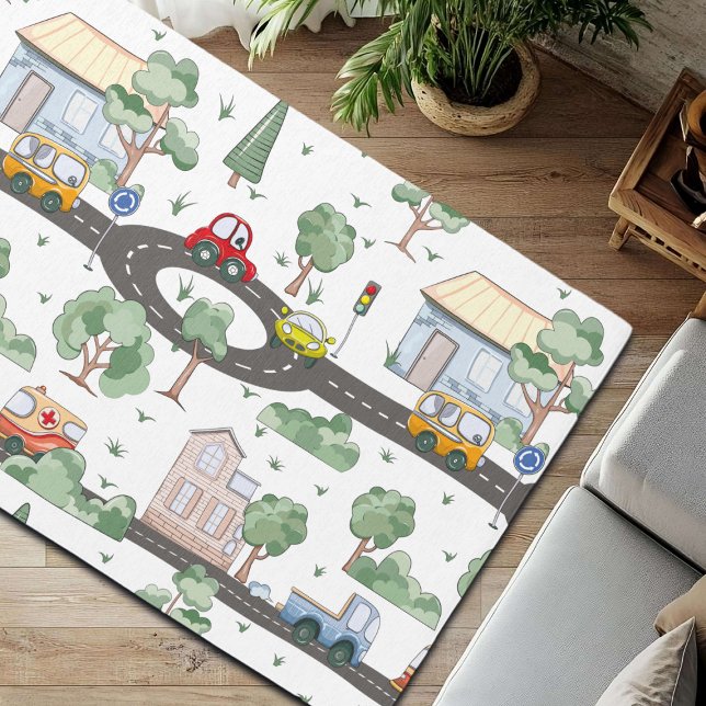 Little Town & Cars Colorful Pattern   Rug (Creator Uploaded)