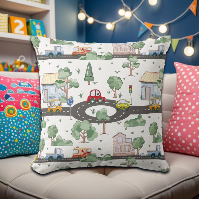 Little Town & Cars Colorful Pattern Throw Pillow (Creator Uploaded)