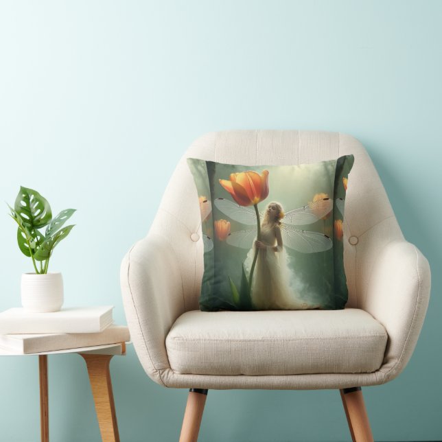 Little Tulip Fairy in delicate flowing clothes Throw Pillow (Chair)