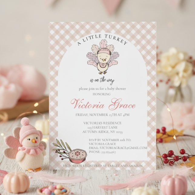 Little Turkey Autumn Girl Baby Shower Invitation (Cute November Baby Shower. Little Turkey Thanksgiving Baby Shower Invitations. Tan Gingham Pattern)