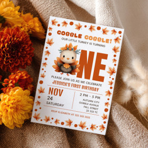 Little Turkey Autumn Thanksgiving 1st Birthday Invitation
