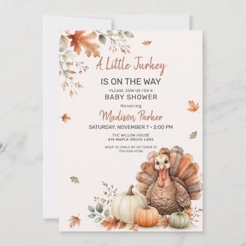 Little Turkey Fall Baby Shower Watercolor Pumpkin Invitation