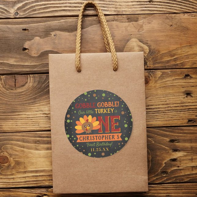 Little Turkey Fall Thanksgiving 1st Birthday Classic Round Sticker (Creator Uploaded)