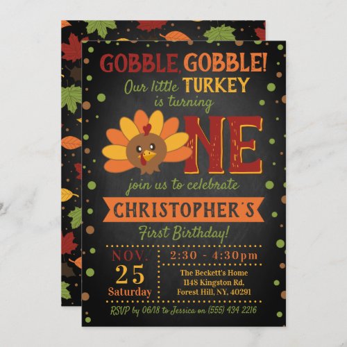 Little Turkey Fall Thanksgiving 1st Birthday Invitation