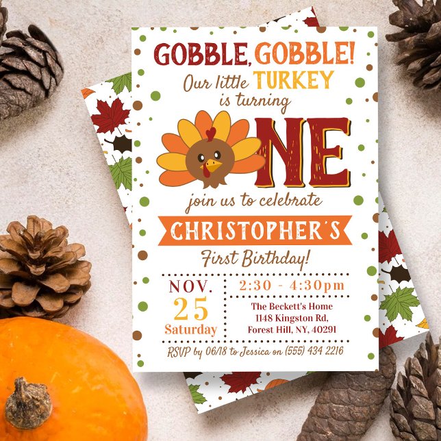 Little Turkey Fall Thanksgiving 1st Birthday Invitation (Creator Uploaded)