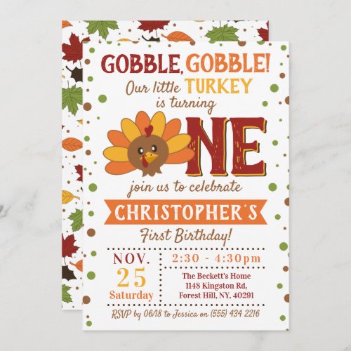 Little Turkey Fall Thanksgiving 1st Birthday Invitation