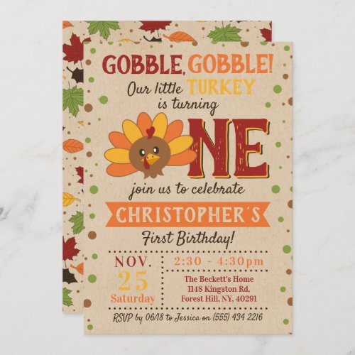 Little Turkey Fall Thanksgiving 1st Birthday Invitation