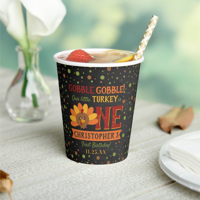 Little Turkey Fall Thanksgiving 1st Birthday Paper Cups (Insitu)