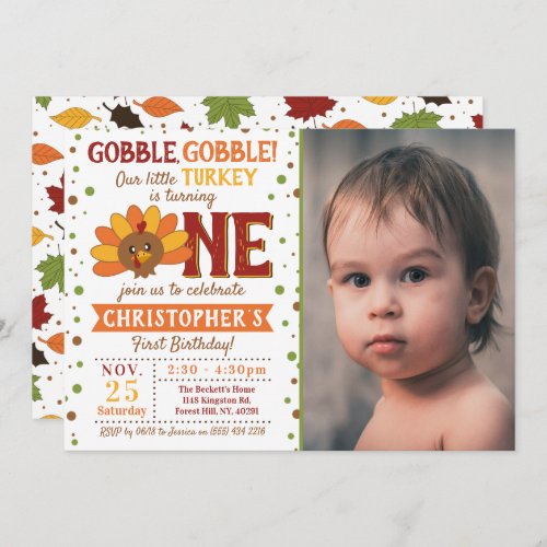 Little Turkey Fall Thanksgiving 1st Birthday Photo Invitation