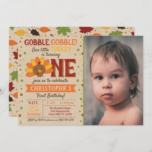 Little Turkey Fall Thanksgiving 1st Birthday Photo Invitation