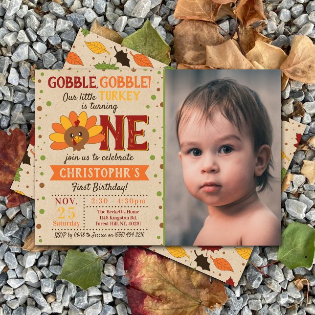 Little Turkey Fall Thanksgiving 1st Birthday Photo Invitation (Creator Uploaded)