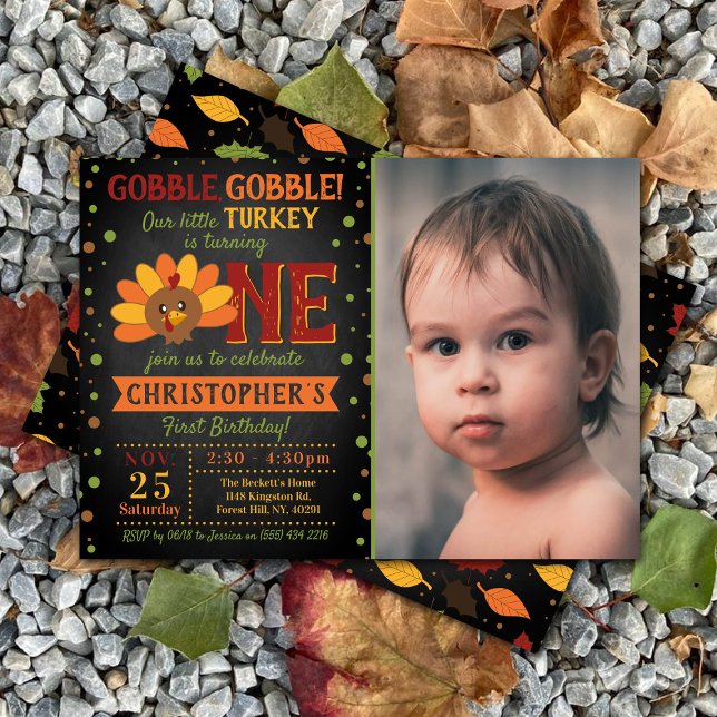 Little Turkey Fall Thanksgiving 1st Birthday Photo Invitation (Creator Uploaded)