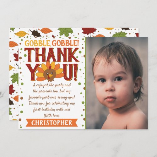 Little Turkey Fall Thanksgiving 1st Birthday Photo Thank You Card