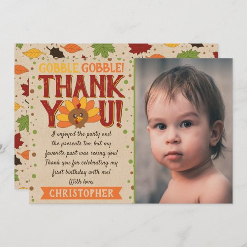 Little Turkey Fall Thanksgiving 1st Birthday Photo Thank You Card