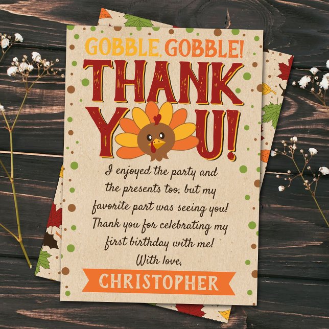 Little Turkey Fall Thanksgiving 1st Birthday Thank You Card (Creator Uploaded)
