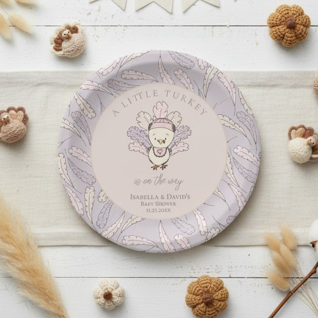 Little Turkey Feathers Autumn Girl Baby Shower Paper Plates (Little Turkey Thanksgiving Baby Shower Plates. Pink, Purple Cute Baby Turkey & Feather Illustration )