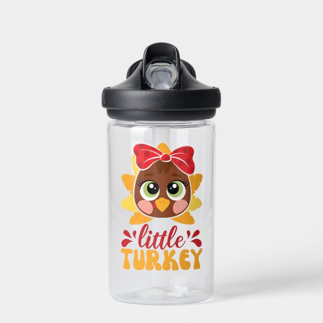 Little Turkey Girl Kids Thanksgiving Water Bottle (Front)