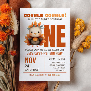 Little Turkey Gobble Thanksgiving 1st Birthday Invitation
