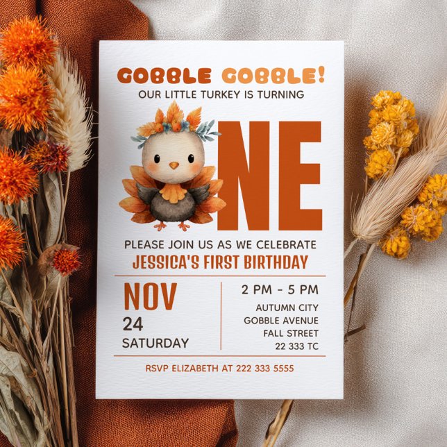 Little Turkey Gobble Thanksgiving 1st Birthday Invitation (Creator Uploaded)