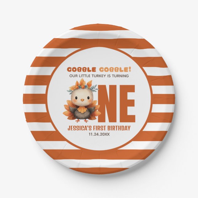 Little Turkey Gobble Thanksgiving 1st Birthday Paper Plates (Front)